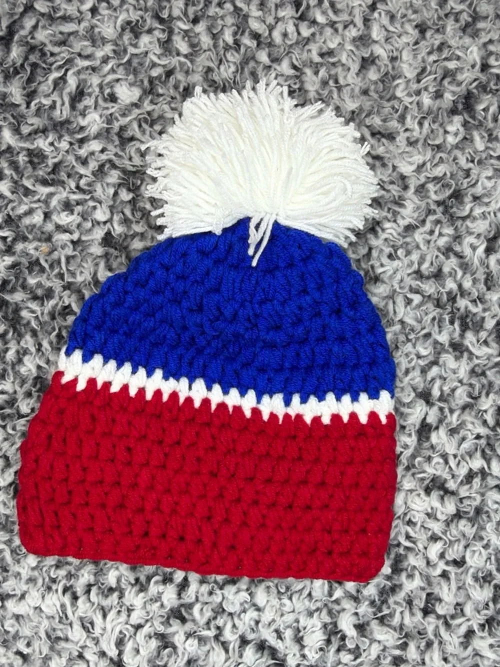 Handmade Kids Pom Beanie and Booties Set - Red, Blue & White 🧶